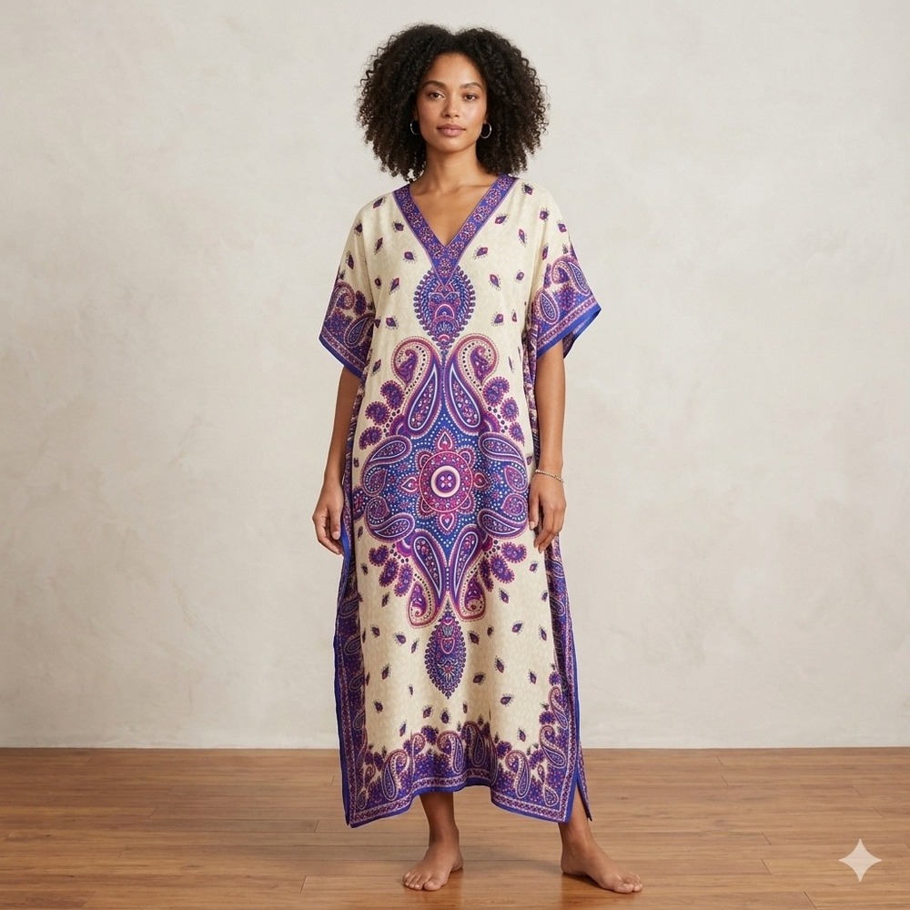 Phases Womens One SIze Kaftan Dress Paisley Boho Festival Maxi Caftan Loungewear
